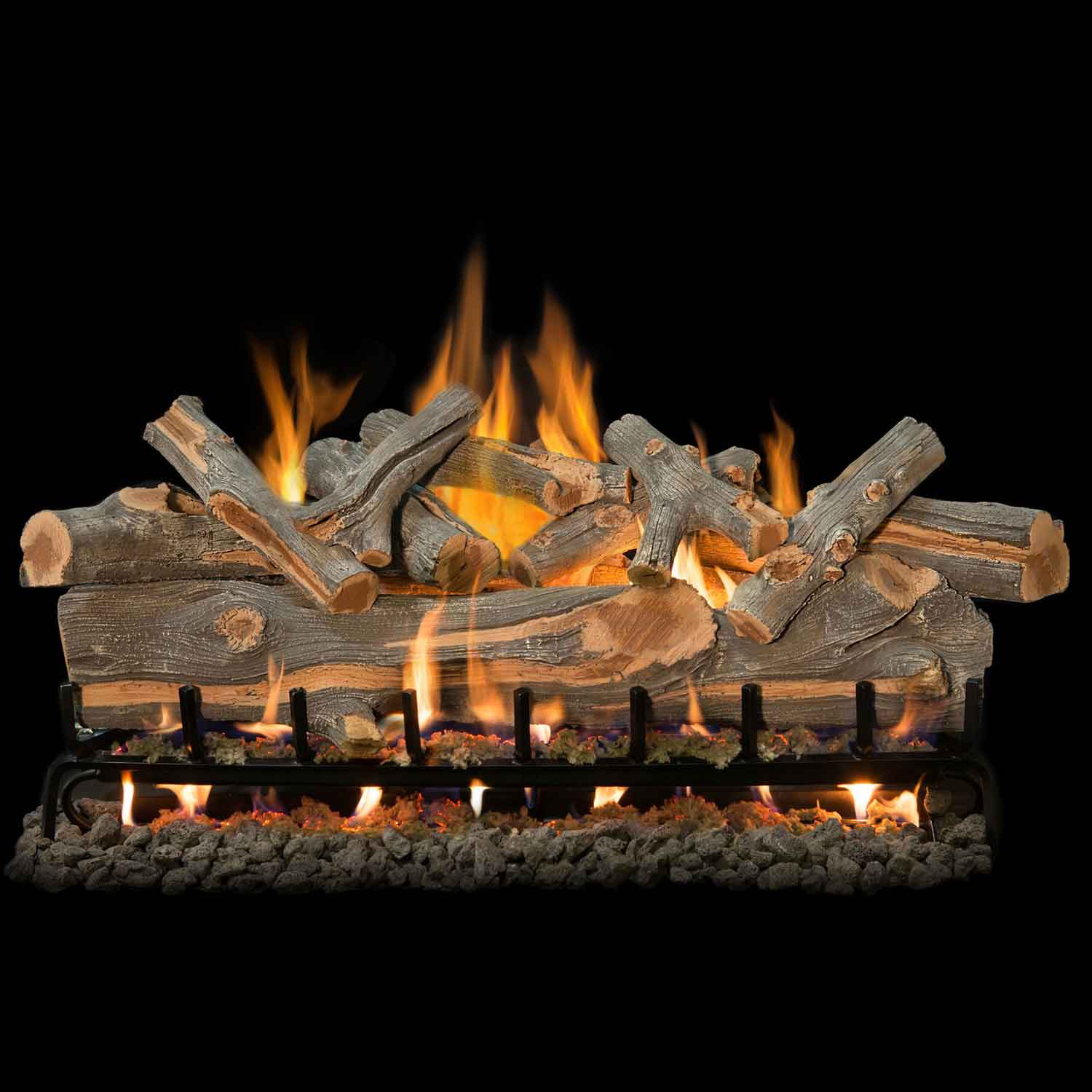 Vented gas log set with burning logs and flames, ember bed visible in front