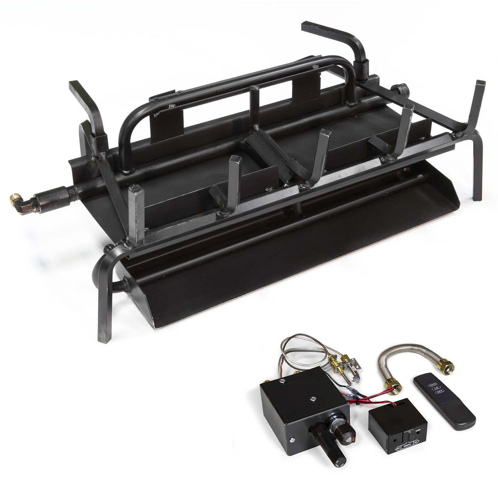 Three-burner gas fireplace system with black manifold and remote control components