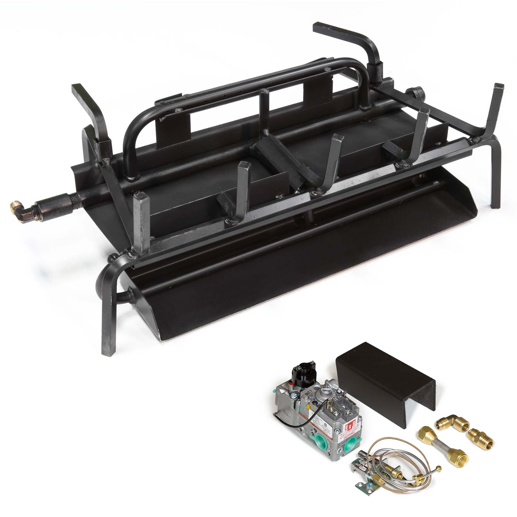 3-burner gas fireplace burner system with black metal frame and control components
