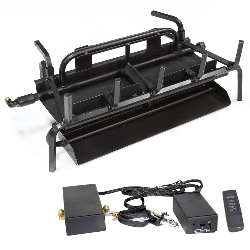 3-burner outdoor fire pit insert with black base, electronic battery ignition and remote