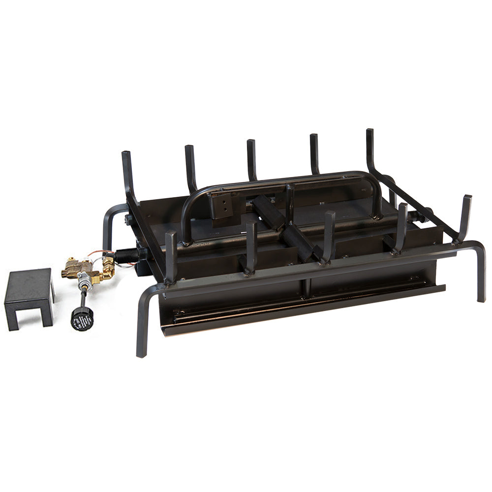 Black 3-burner gas grill base with safety valves and control knobs