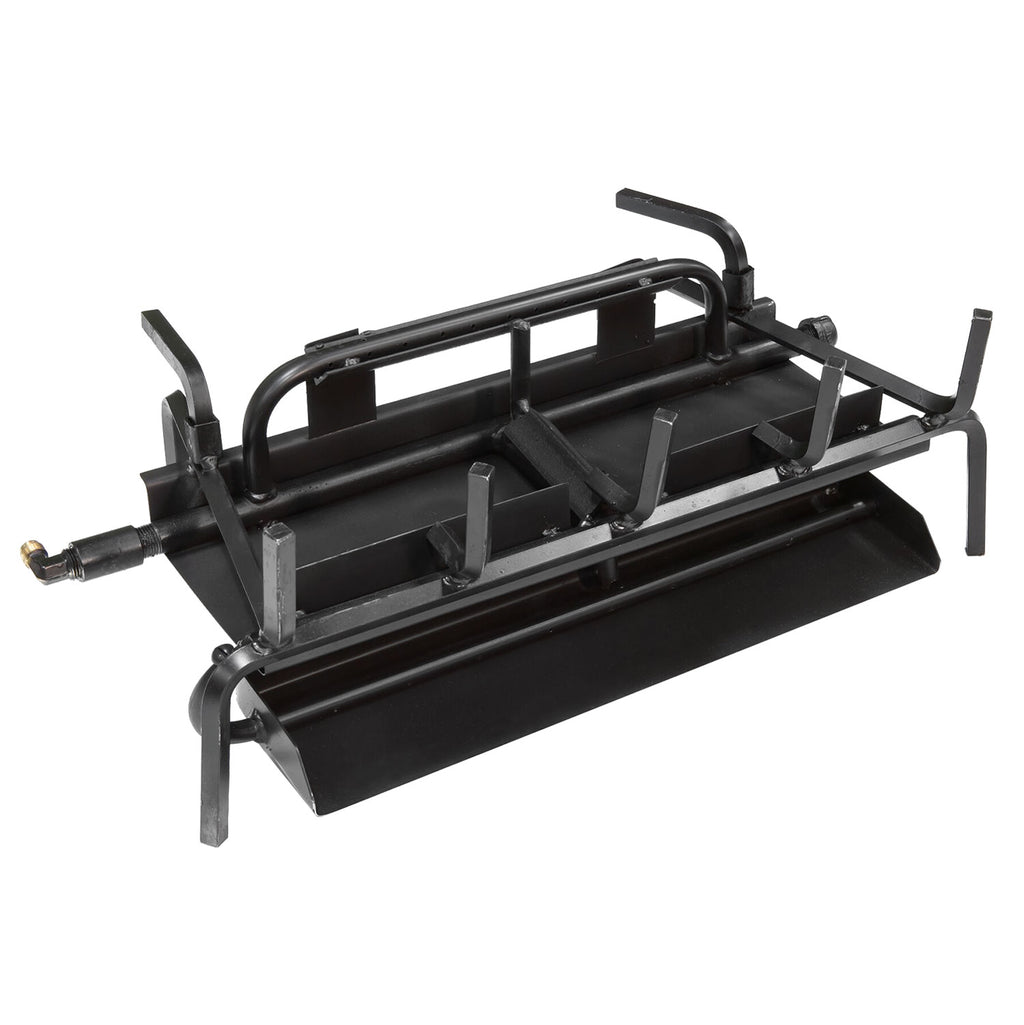 Three-burner system with black metal frame, crossover manifold, and support legs
