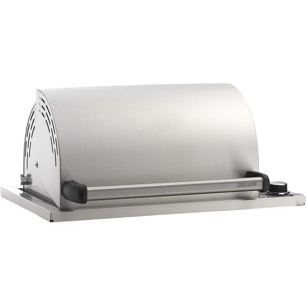 Fire Magic built-in gas grill with stainless lid and front control knobs