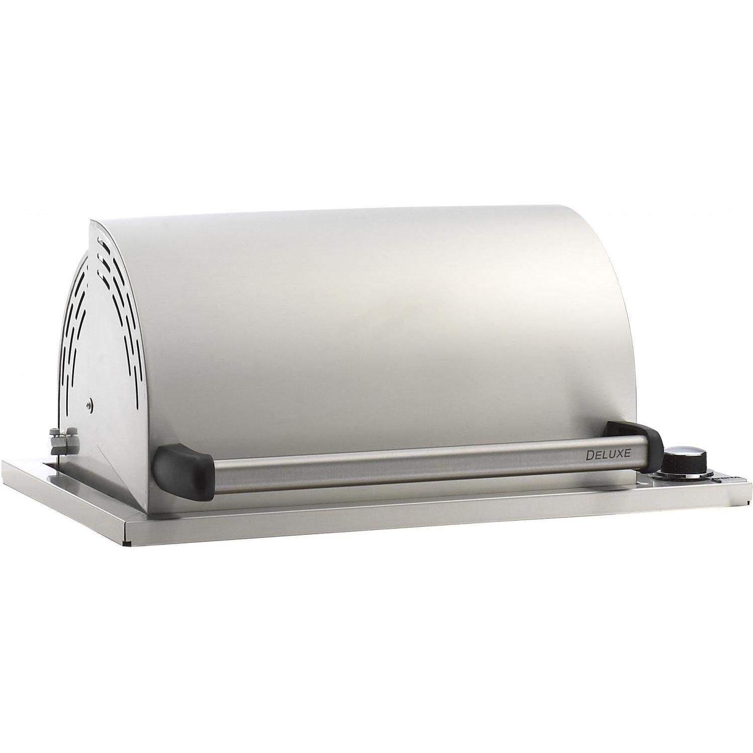 Fire Magic built-in gas grill with stainless lid and front control knobs