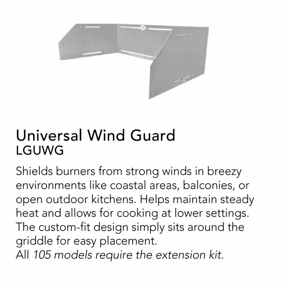 Universal wind guard for griddle with three gray metal panels and bracket holes
