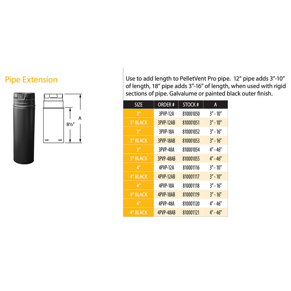 4-inch pellet vent pipe extension sizing diagram with size and order chart