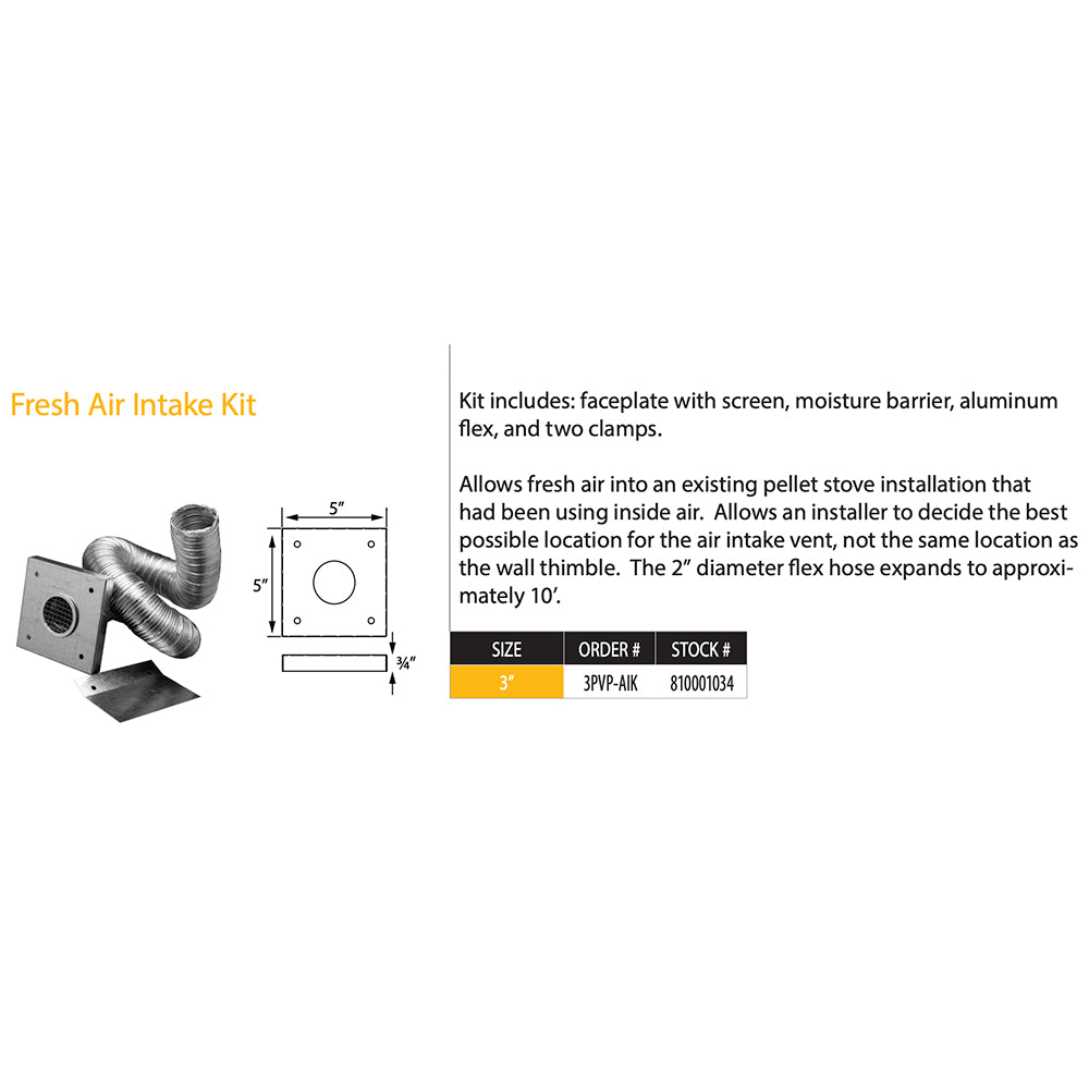 DuraVent PelletVent Pro fresh air intake kit diagram with screen, barrier, flex duct, clamps