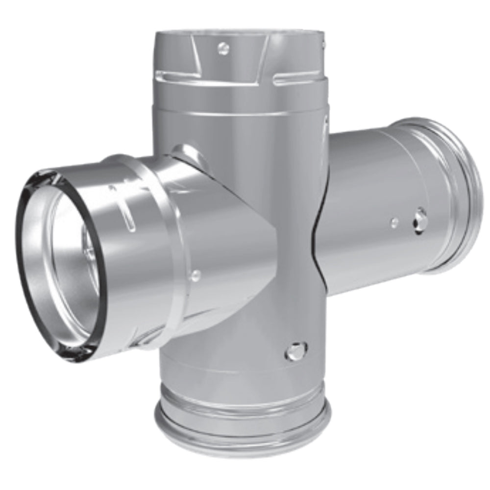 PelletVent Pro steel double tee with clean-out cap, 90° branch connector
