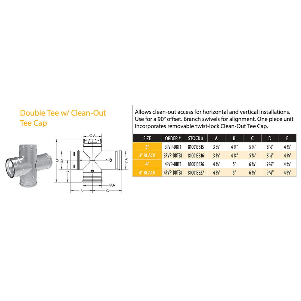 Technical diagram of pellet vent double tee with clean-out tee cap, dimensions and size chart
