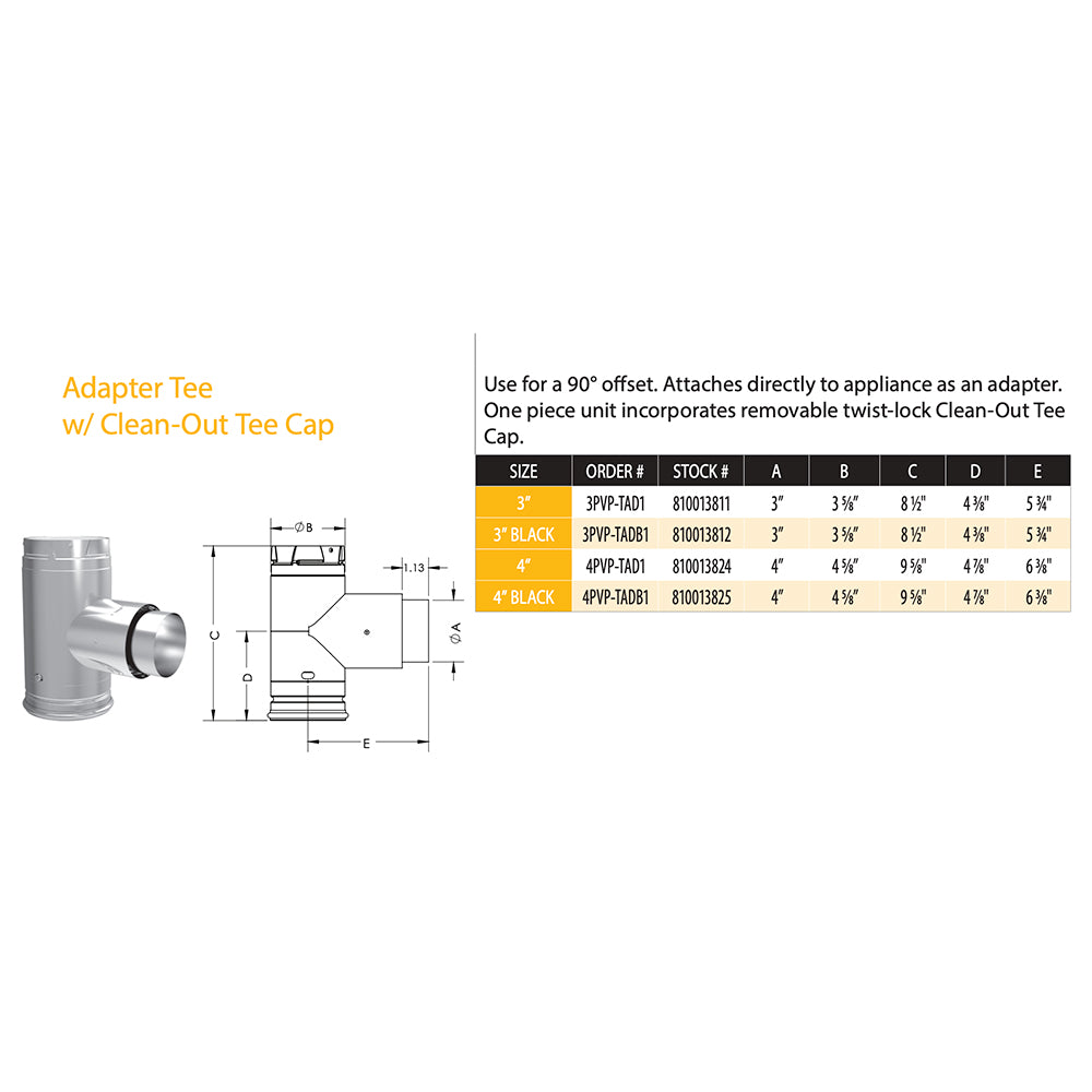 Adapter tee w/ clean-out cap, dimension diagram for pellet vent steel fitting