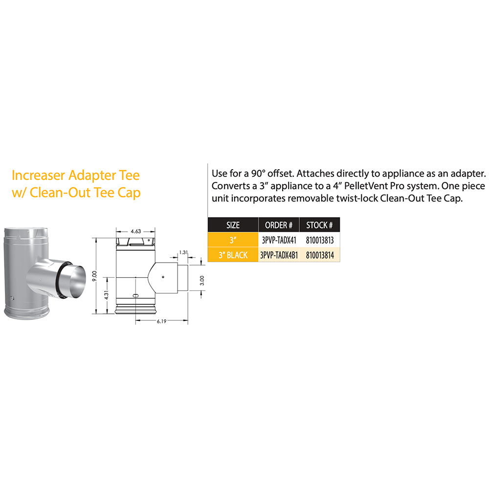 3-inch steel increaser adapter tee with clean-out cap, with size diagram
