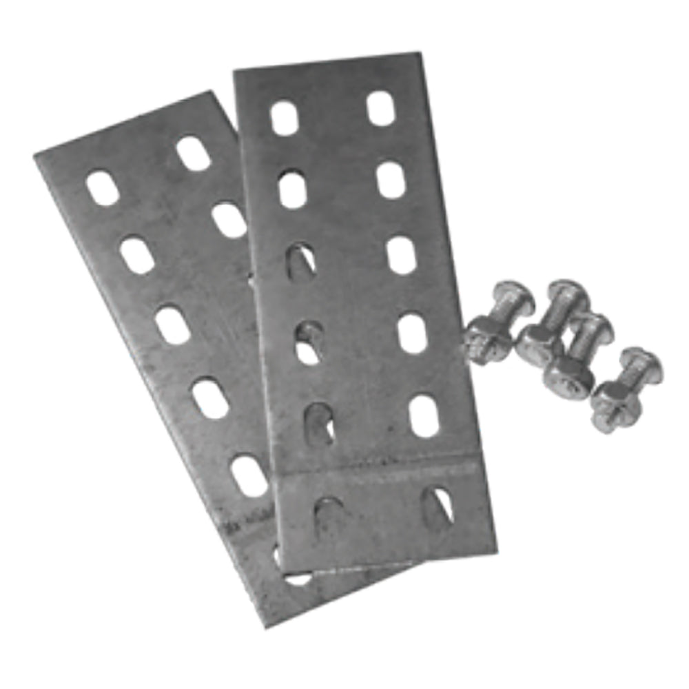 Adjustable wall strap extension with perforated metal plates and mounting screws