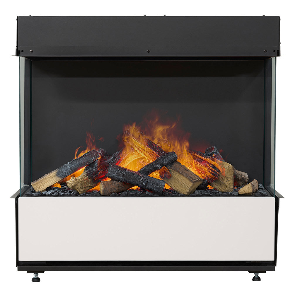 Electric water vapor fireplace with glowing logs in a black glass front, white base