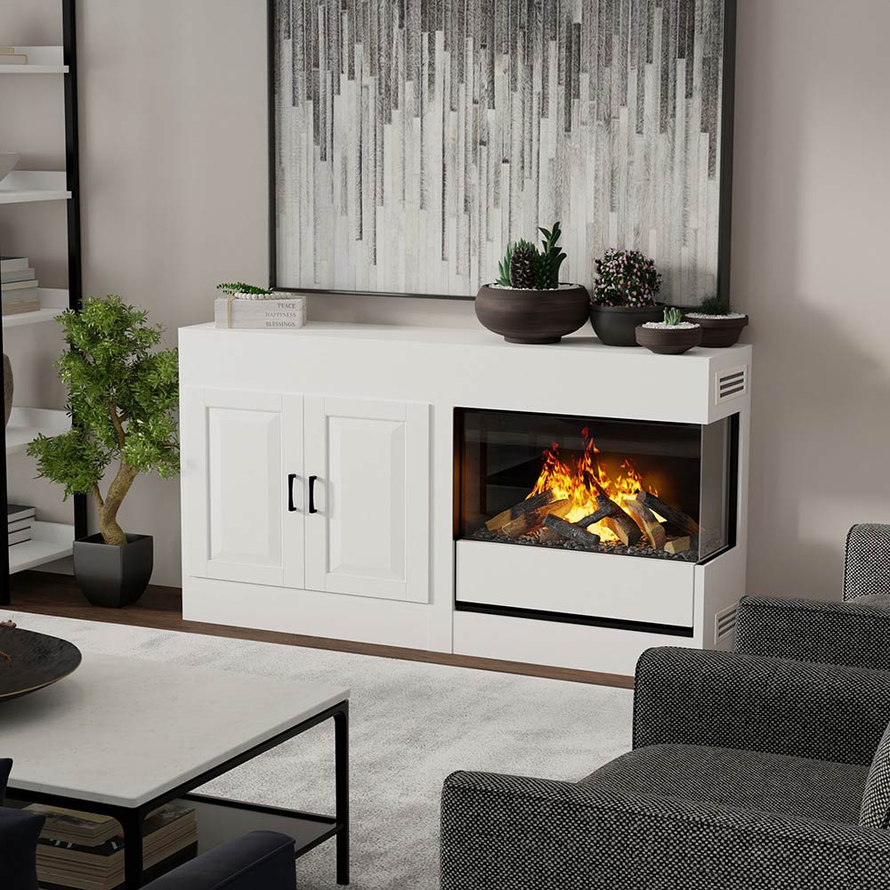 Wall unit electric water vapor fireplace with glass flame bed and white cabinet