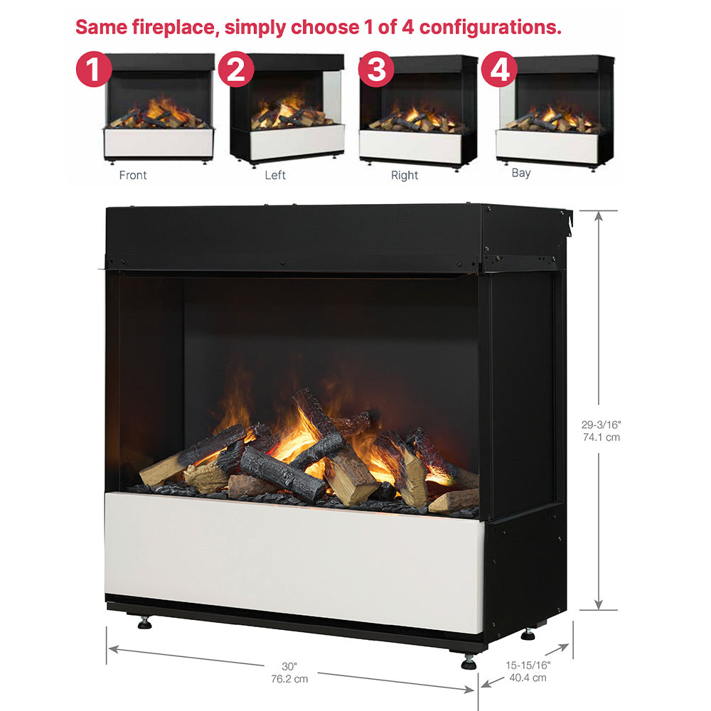 Water vapor fireplace front view with black frame, white lower panel and log flame bed