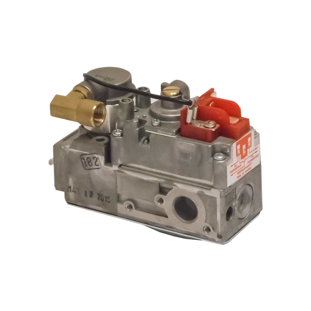 Gas valve assembly with brass inlet fitting, red connector, and metallic housing