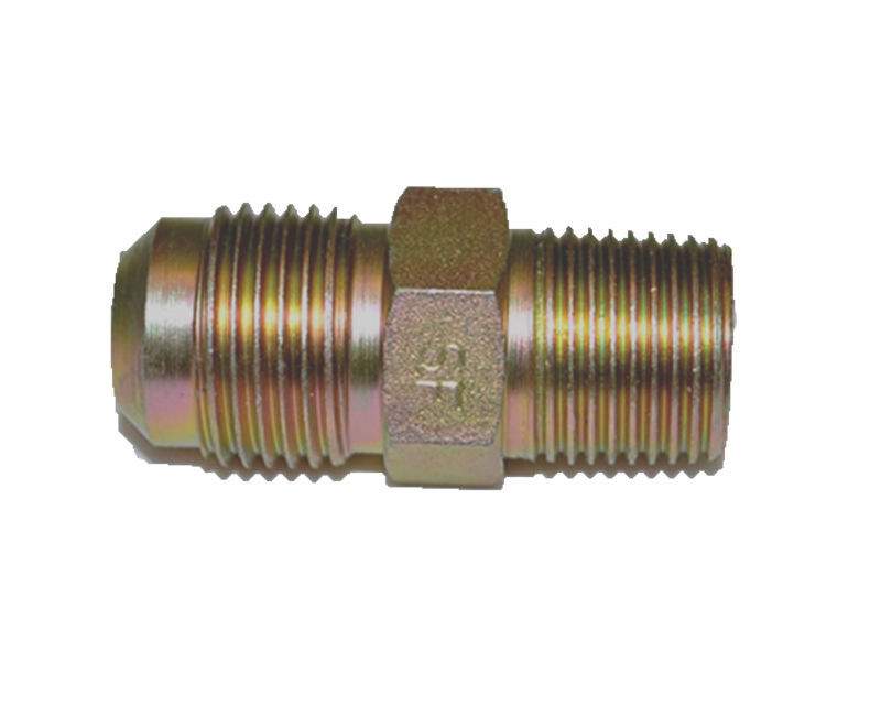 Brass male connector fitting with hex section and dual threaded ends, 1/2 in tube, 3/8 in MIP
