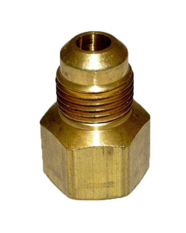 Brass fire adaptor fitting with hex exterior and internal threaded opening, 3/8 in to 1/2 FIP