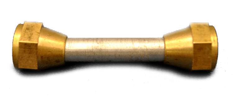 Brass 3-inch swivel connector with flare fittings and hex ends.