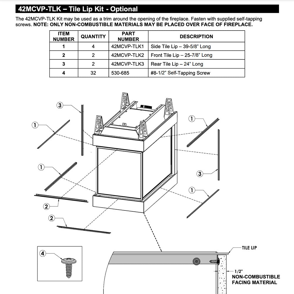 Kingsman Tile Lip Kit for MCVP42 Clean View Direct Vent Peninsula Gas Fireplace