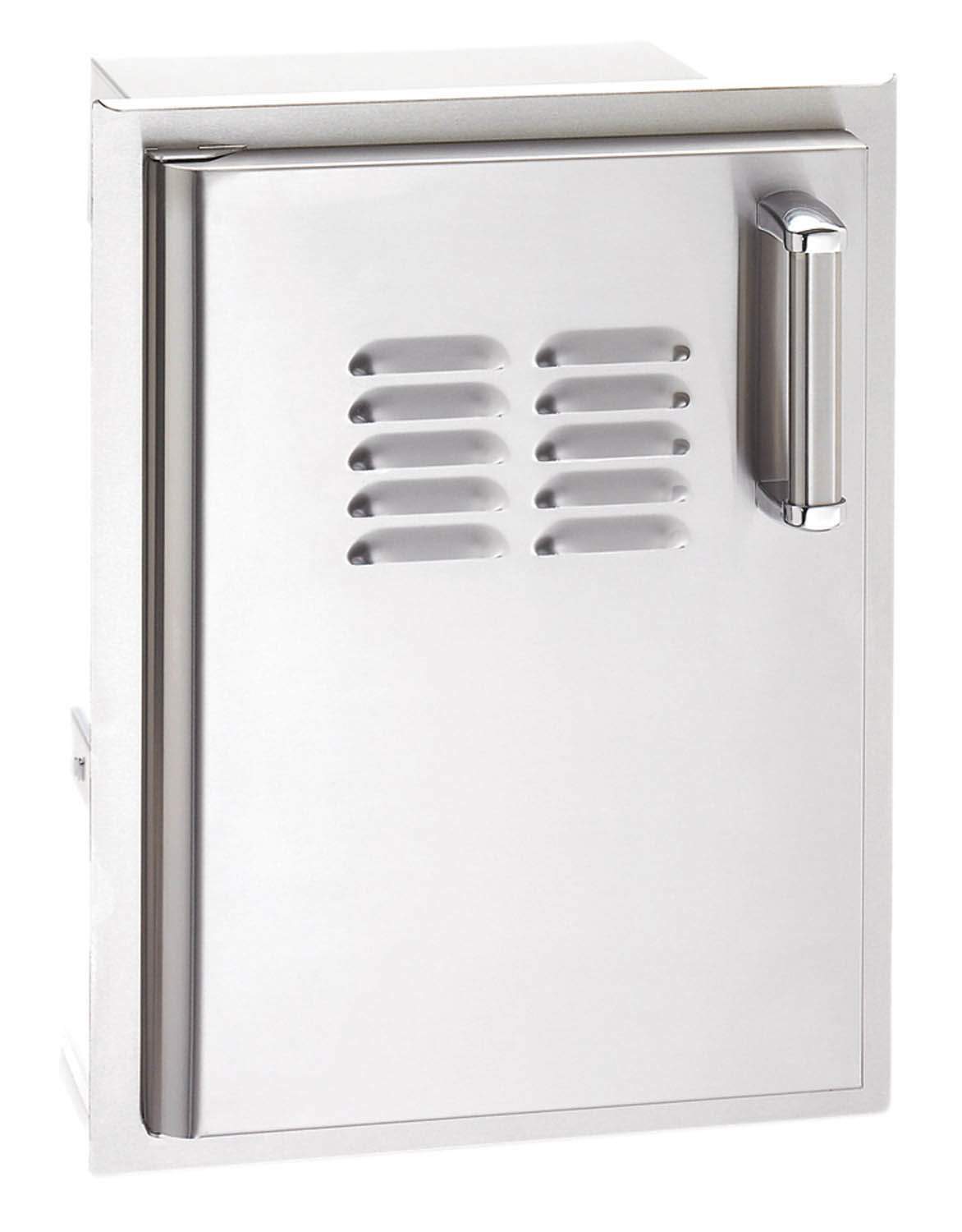 Stainless access door with louvered vent panel and side pull handle with rounded top