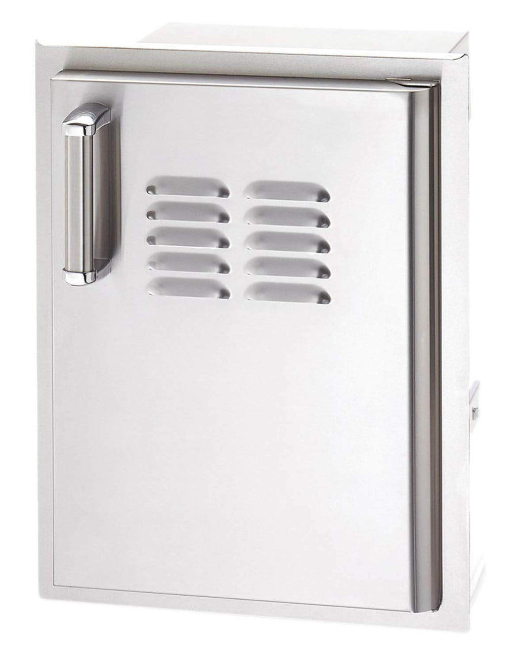 Stainless access door with central louvered vents and recessed side pull handle