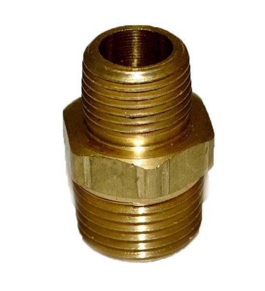 Brass reducing nipple fitting with male threads, 1/2 in MIP to 3/8 in MIP