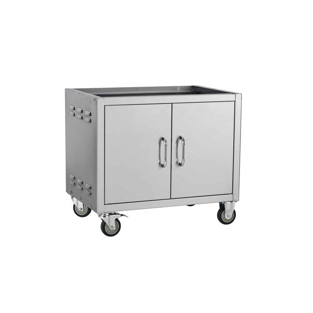 BBQ grill cart with two cabinet doors, side handle, and four caster wheels