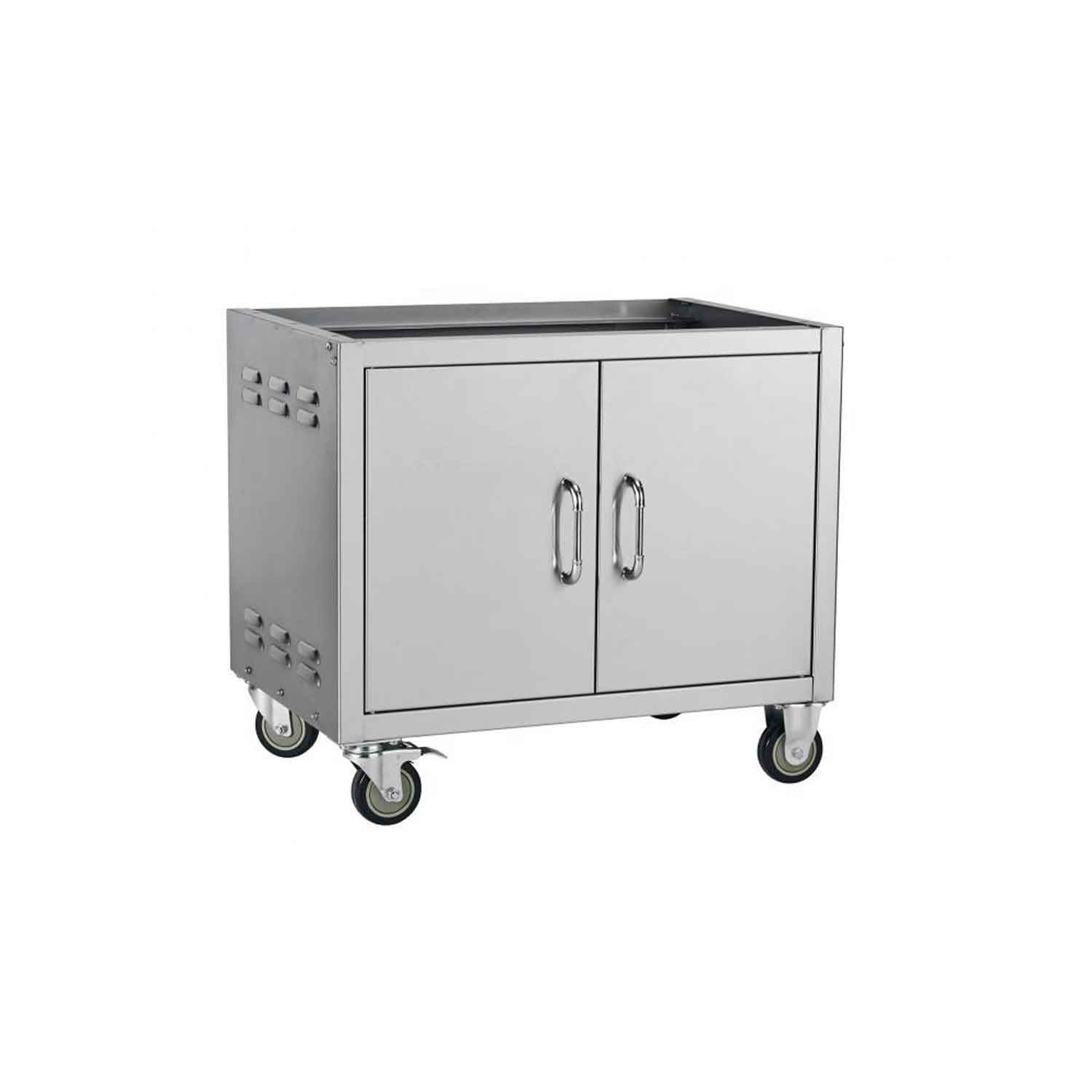 BBQ grill cart with two cabinet doors, side handle, and four caster wheels