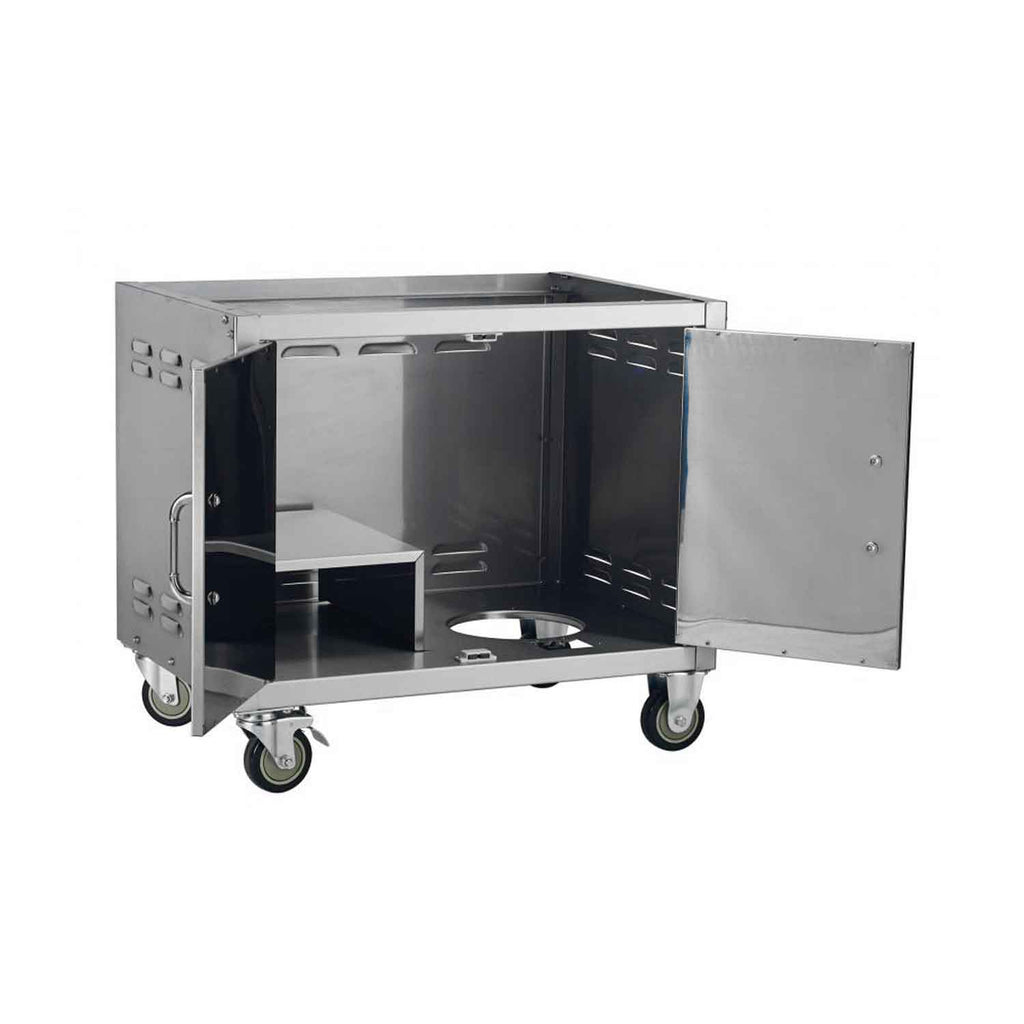 BBQ grill cart with open side panels, interior shelf, and four caster wheels