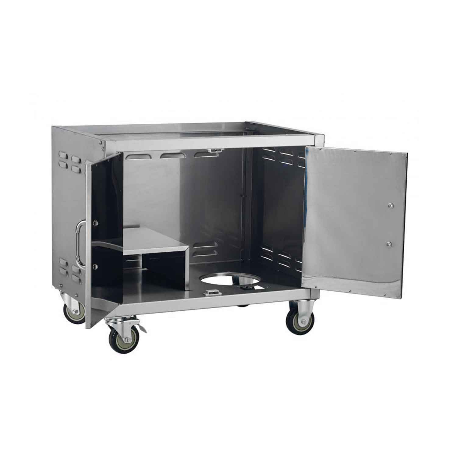 BBQ grill cart with open side panels, interior shelf, and four caster wheels