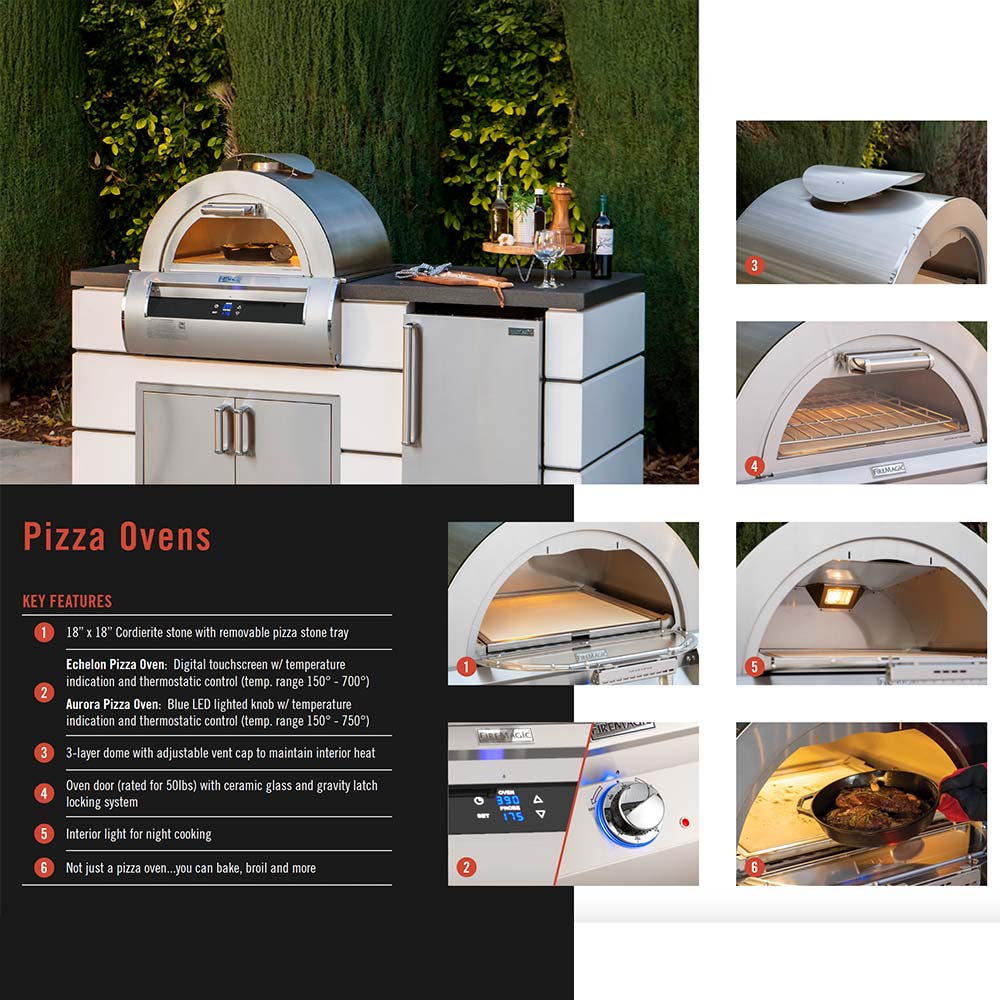 Freestanding outdoor pizza oven with arched front opening and lit interior