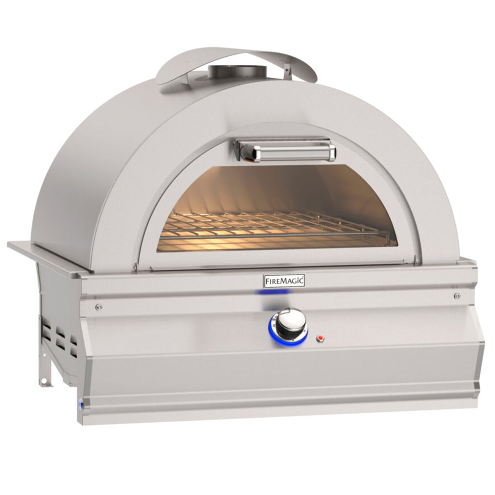 Built-in pizza oven, stainless steel body, arched door, viewing window, control knob