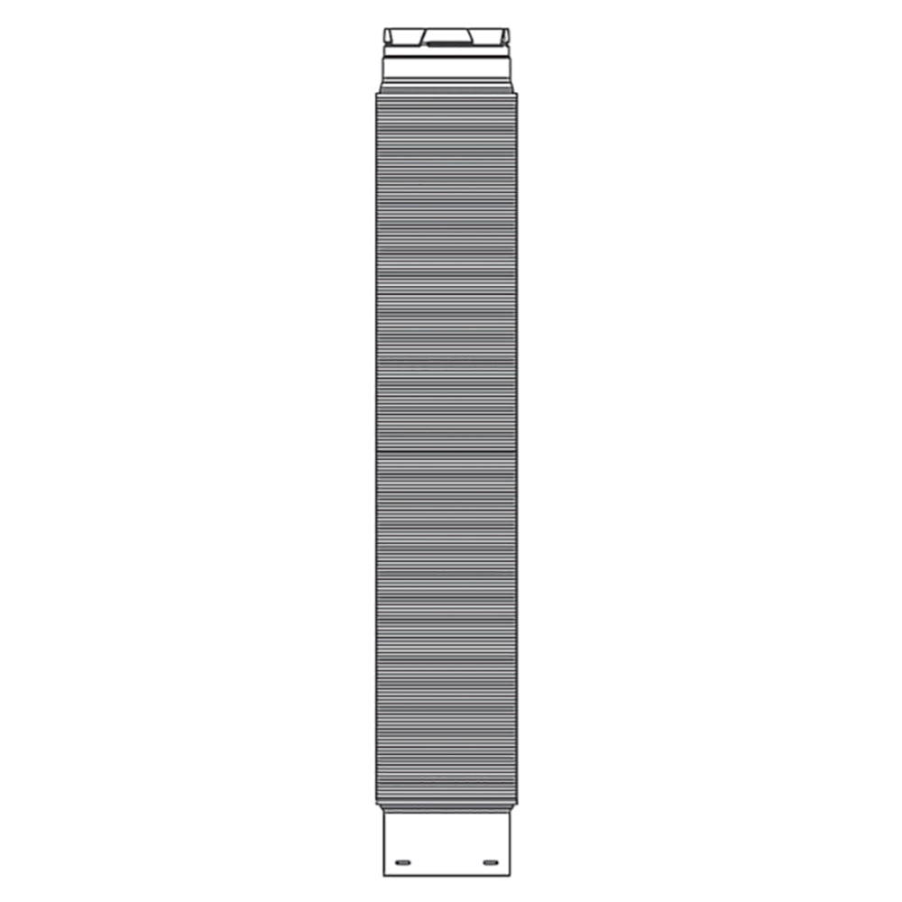 Concentric vent flex pipe, ribbed gray metal section with two mounting holes at base
