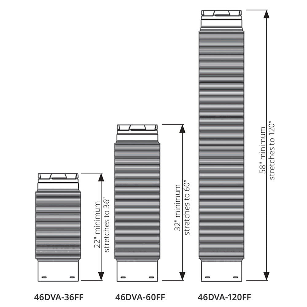 Concentric vent flex pipe lengths comparison, 3 stacked sections with base plates