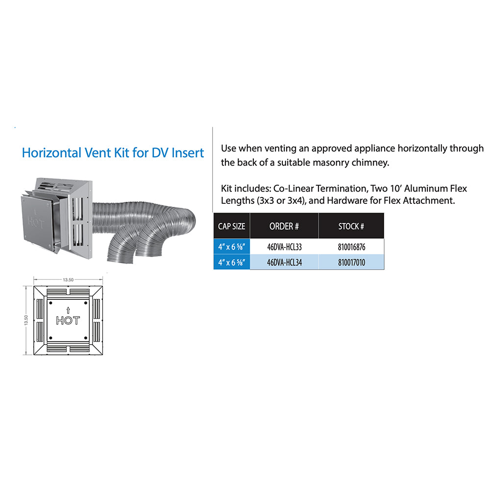 Horizontal vent kit layout with vent cover, termination cap, and flexible duct dimensions