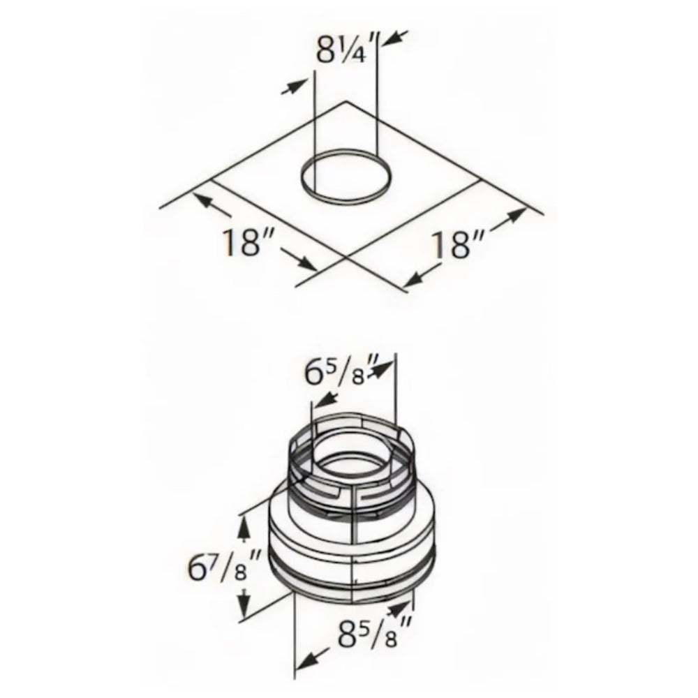 Chimney conversion kit components shown in technical diagram with flue collar and dimensions
