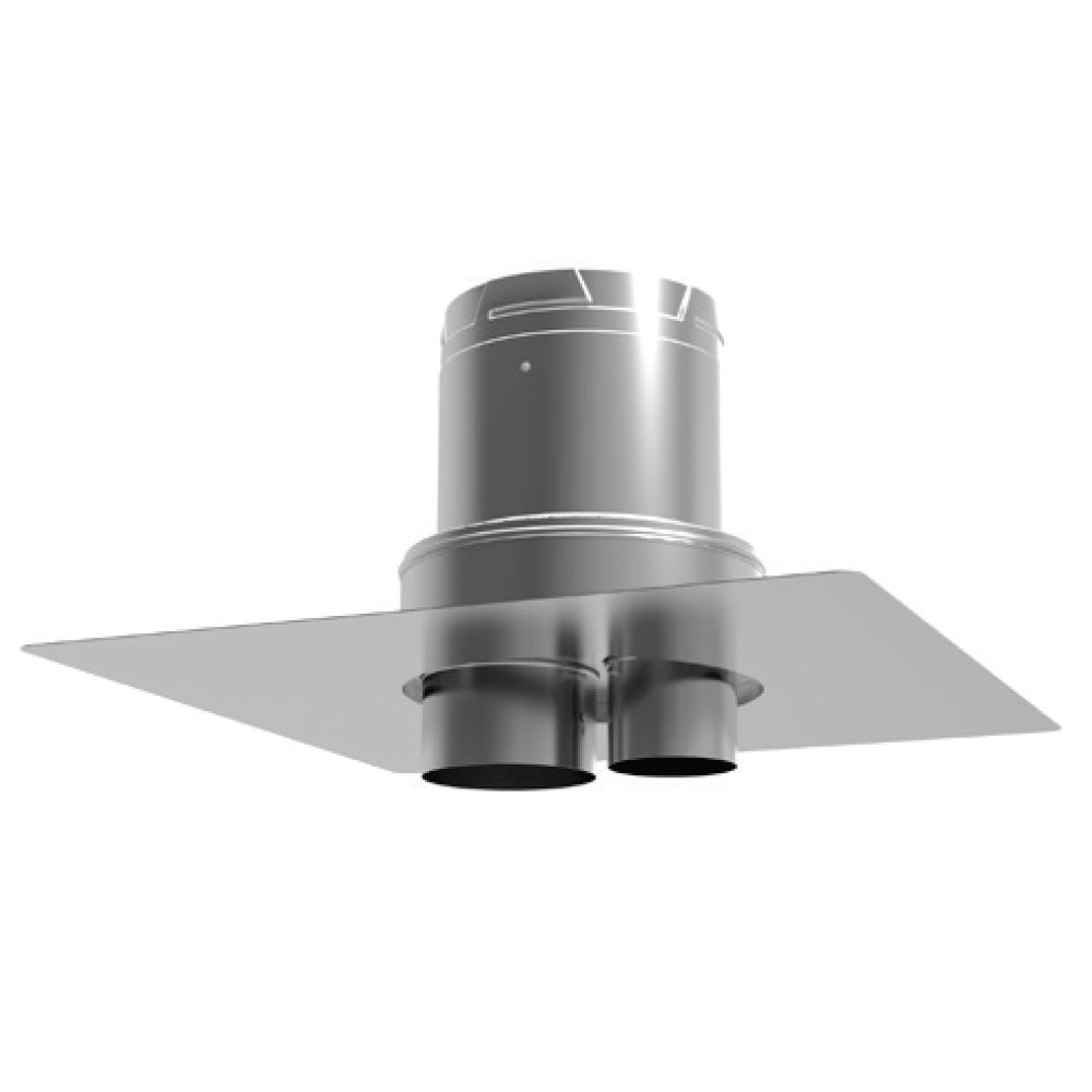 DirectVent Pro co-linear termination adapter with two outlet pipes and round flashing collar