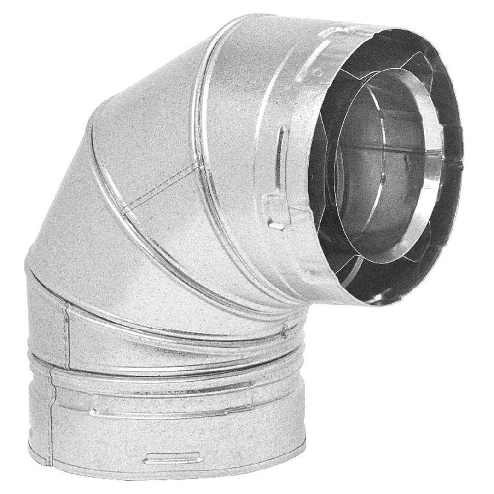 Metal 90-degree swivel elbow vent fitting with flanged ends, silver-gray.