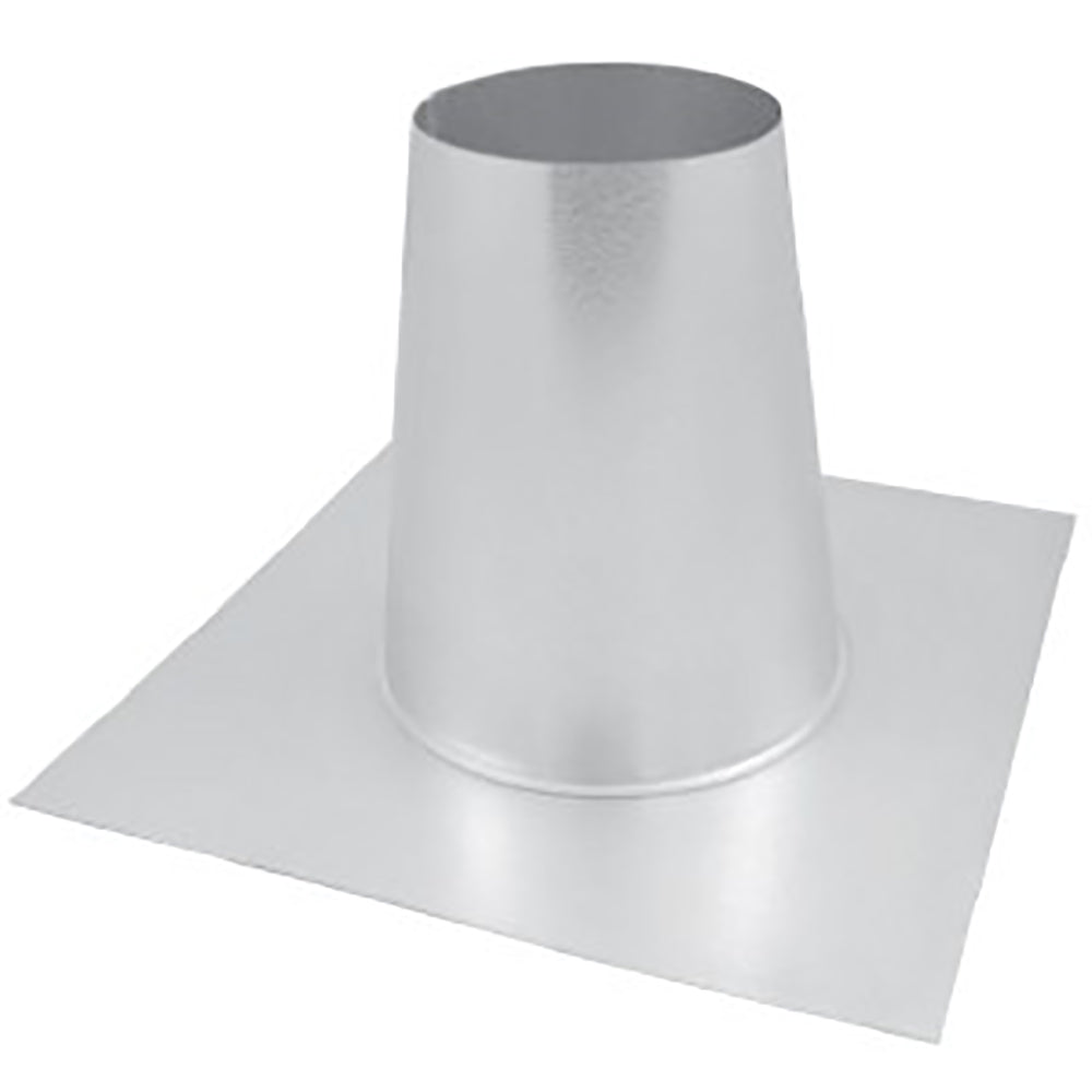 Metal flat roof flashing with round collar and wide base plate, silver