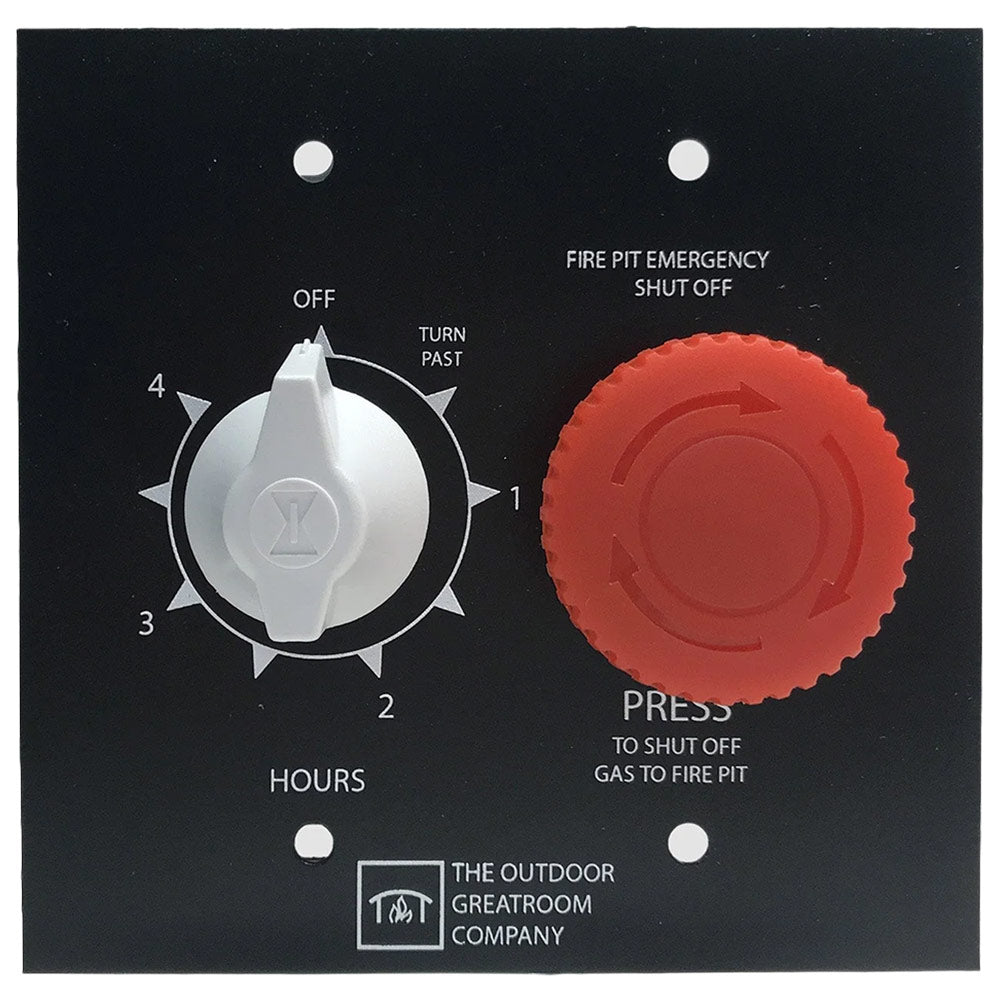 Black control panel with white 4-position timer knob and red emergency shutoff button