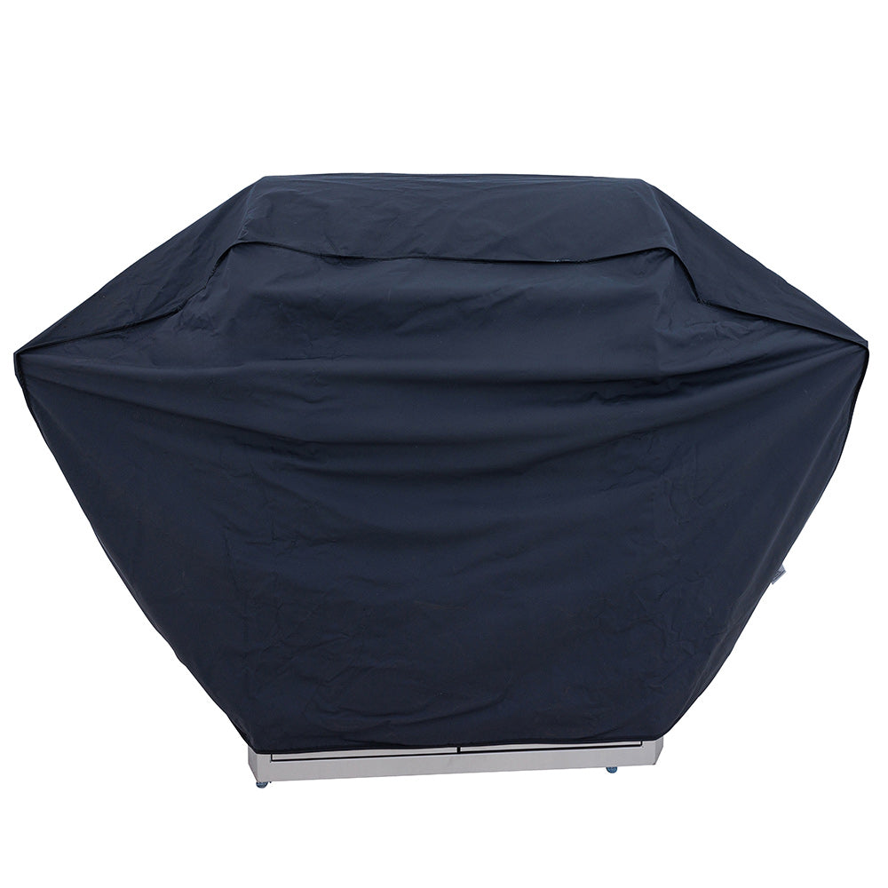 Navy vinyl grill cover with fitted hood for freestanding gas grill