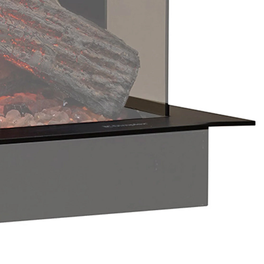 Dimplex side trim accessory detail: dark shelf and glass edge