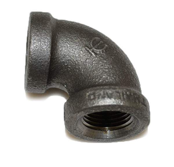 Fire 501 90-degree black iron elbow pipe fitting with threaded 3/8 in FPT ends