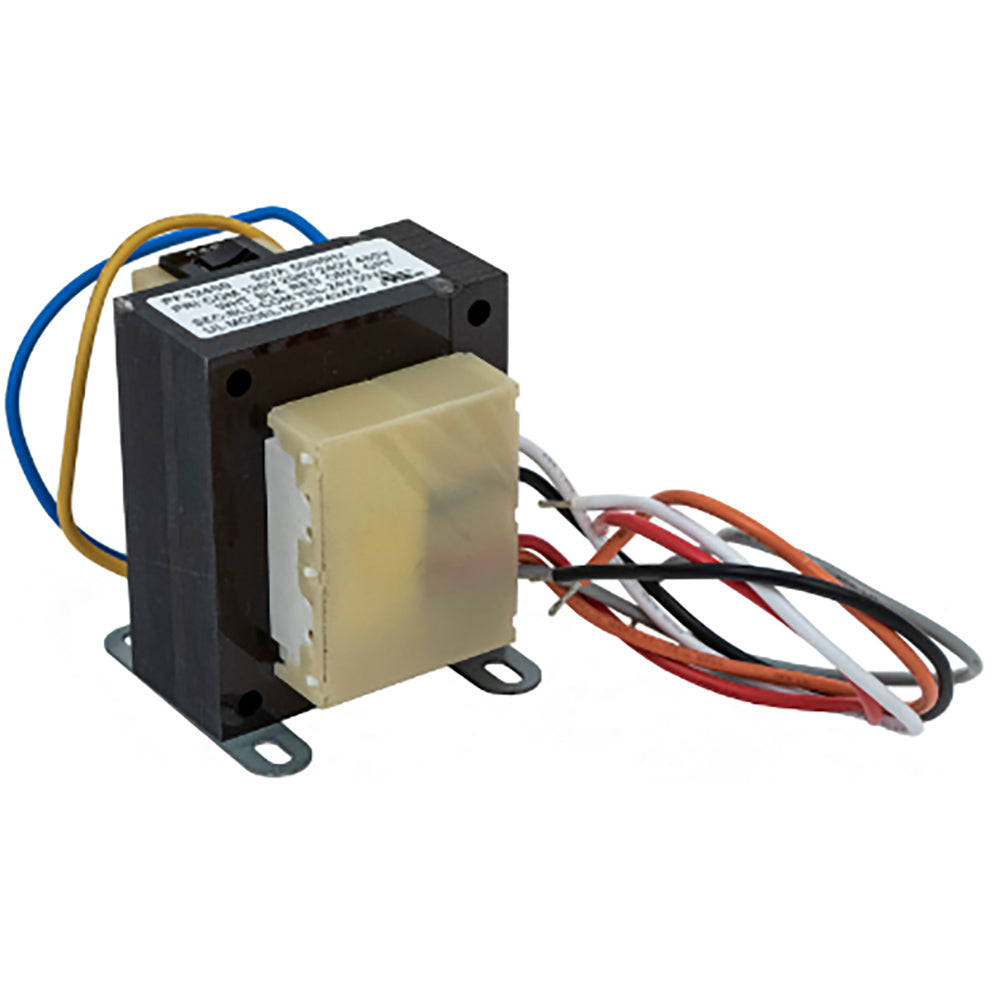 Black electrical transformer with mounting tabs and multicolor wiring leads