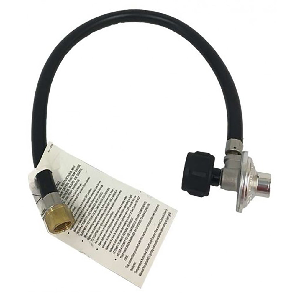 Propane regulator with black hose and silver valve, with attached white instructions label