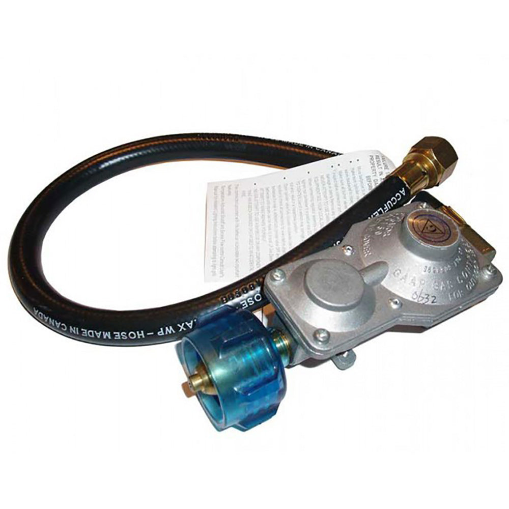 Two-stage propane regulator with hose, metal body and brass fitting