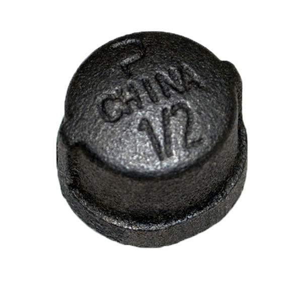 Black cast iron pipe cap with embossed logo, threaded FIP 3/8 in.