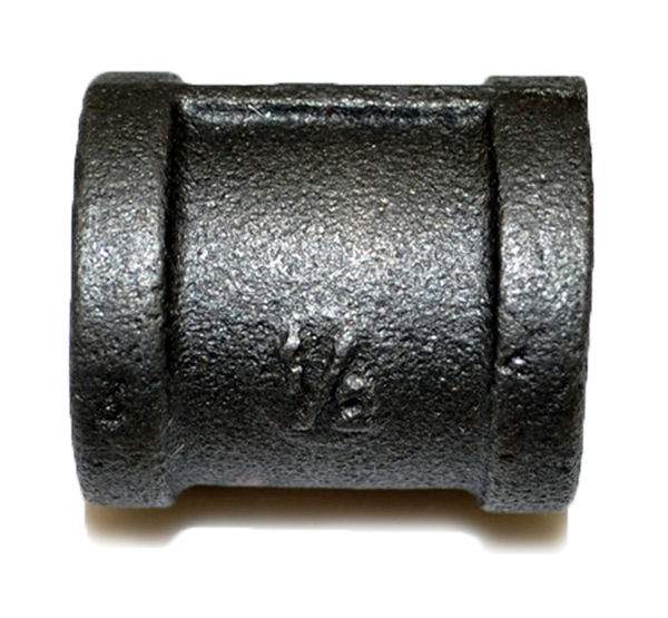 Black iron pipe coupler with threaded end sections, 1/2-inch FPT