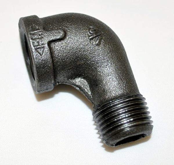 Black iron 90-degree street elbow fitting with male and female pipe threads